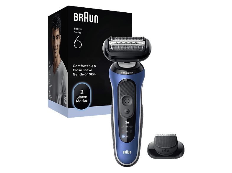 Afeitadora - Braun Afeitadora eléctrica Series 6  62-B1200S, 1 accesorio de precisión, 60 min autonomía, Afeitado en seco y en mojado, Azul
