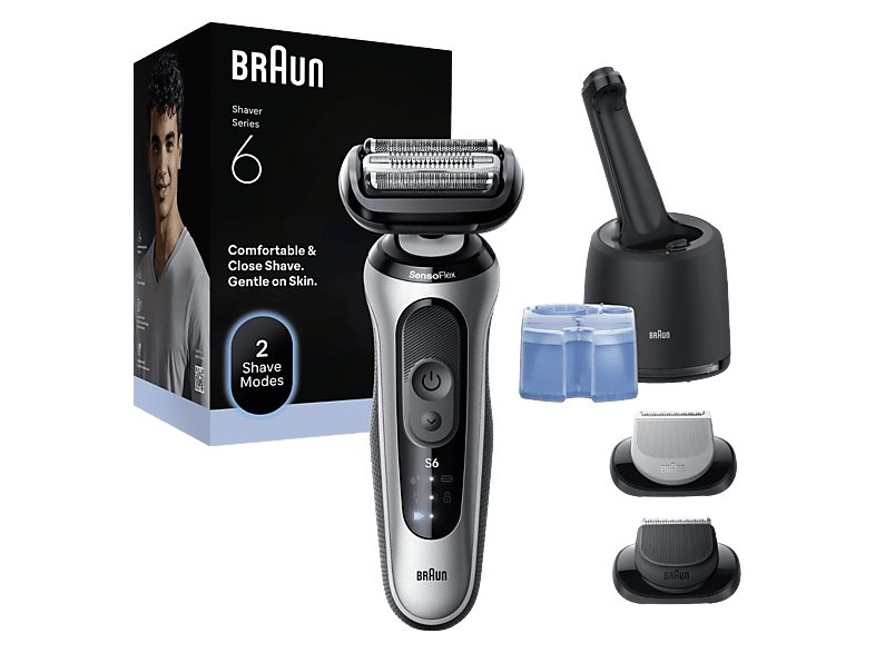 Afeitadora - Braun Afeitadora Eléctrica Series 6 62-S7650CC, Centro SmartCare, +2 Accesorios, 60 min autonomía, Afeitado en seco y en mojado, Plata