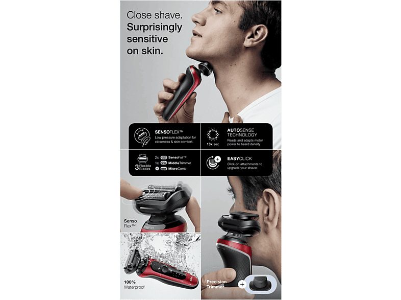 Afeitadora - Braun Series 6 61-R1200S, 3 Cuchillas, Afeitadora eléctrica para barba, EasyClick, Wet & Dry, Rojo — foto 7