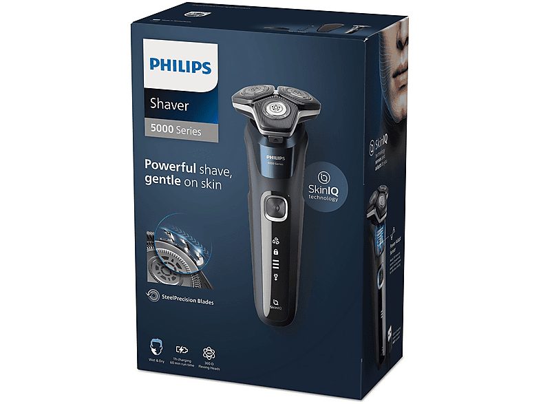 Afeitadora - PHILIPS S5885/35, 60 min, carga rápida, recortador de precisión, lavable, afeitado en seco, afeitado en húmedo, Negro, Azul — foto 5
