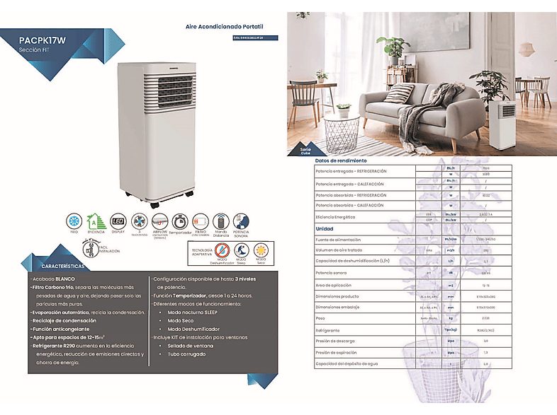 Aire Acondicionado Portatil - INFINITON PACPK17W, 17000 fg/h, 17 m², 56 dB(A), Blanco — foto 2