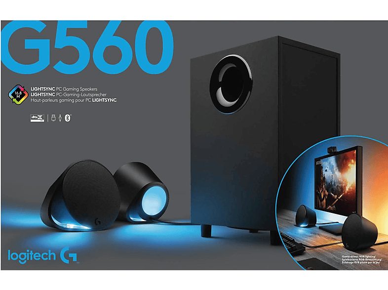Altavoces gaming - Logitech G560, Bluetooth, RGB Lightsync, Sistema de altavoces 2.1, 240V, Control de graves, Personalizable, Negro — foto 16