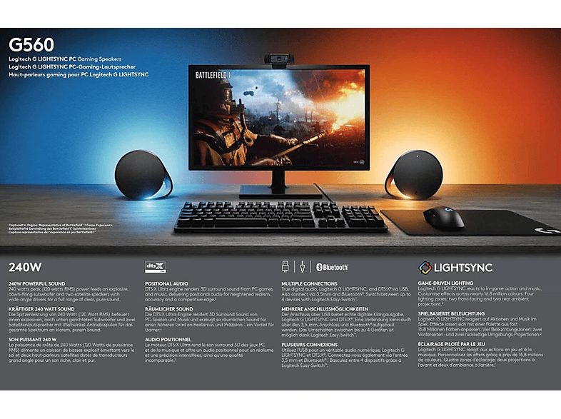 Altavoces gaming - Logitech G560, Bluetooth, RGB Lightsync, Sistema de altavoces 2.1, 240V, Control de graves, Personalizable, Negro — foto 17