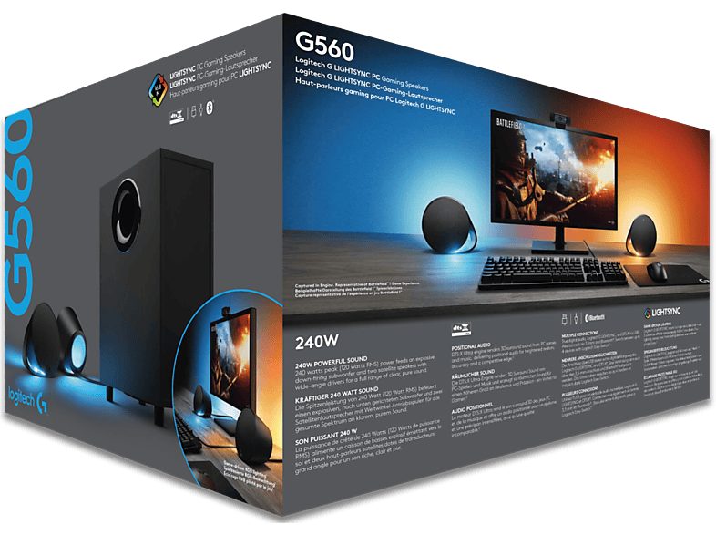 Altavoces gaming - Logitech G560, Bluetooth, RGB Lightsync, Sistema de altavoces 2.1, 240V, Control de graves, Personalizable, Negro — foto 27