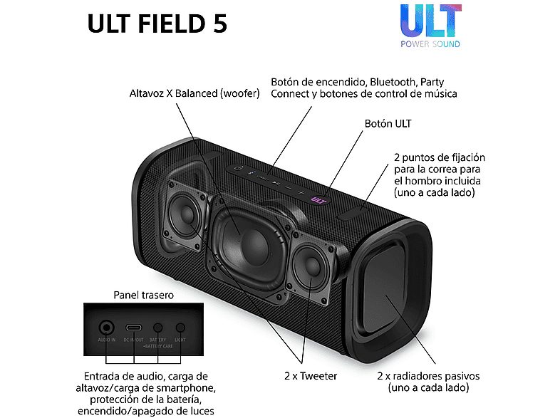 Altavoz inalámbrico - Sony ULT FIELD 5 (SRSULT50B), Bluetooth portátil, ULT POWER SOUND, 25 h, IP67, Resistente al agua, Correa, Con luces, Negro — foto 11