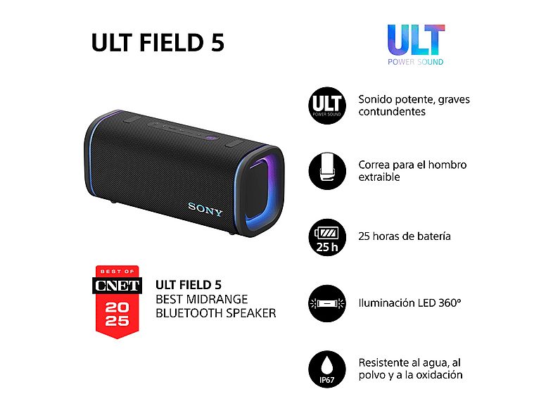 Altavoz inalámbrico - Sony ULT FIELD 5 (SRSULT50B), Bluetooth portátil, ULT POWER SOUND, 25 h, IP67, Resistente al agua, Correa, Con luces, Negro — foto 2