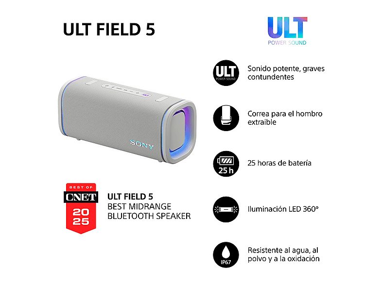 Altavoz inalámbrico - Sony ULT FIELD 5 (SRSULT50W), Bluetooth portátil, ULT POWER SOUND, 25 h, IP67, Resistente al agua, Correa, Con luces, Blanco — foto 2