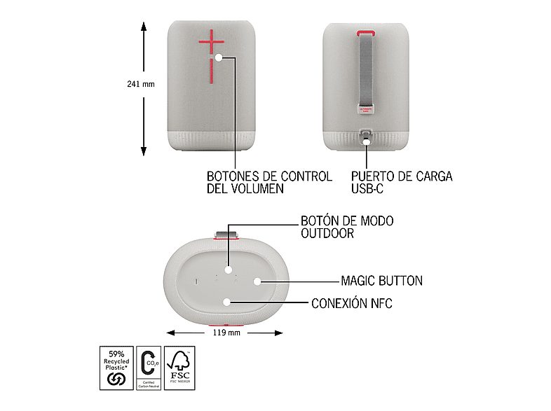 Altavoz inalámbrico - Ultimate Ears EPICBOOM, Bluetooth, 94 dBC, 17 horas, USB-C, EQ adaptativo, Sonido 360º, Emparejable, Clasificación IP67, Blanco — foto 5