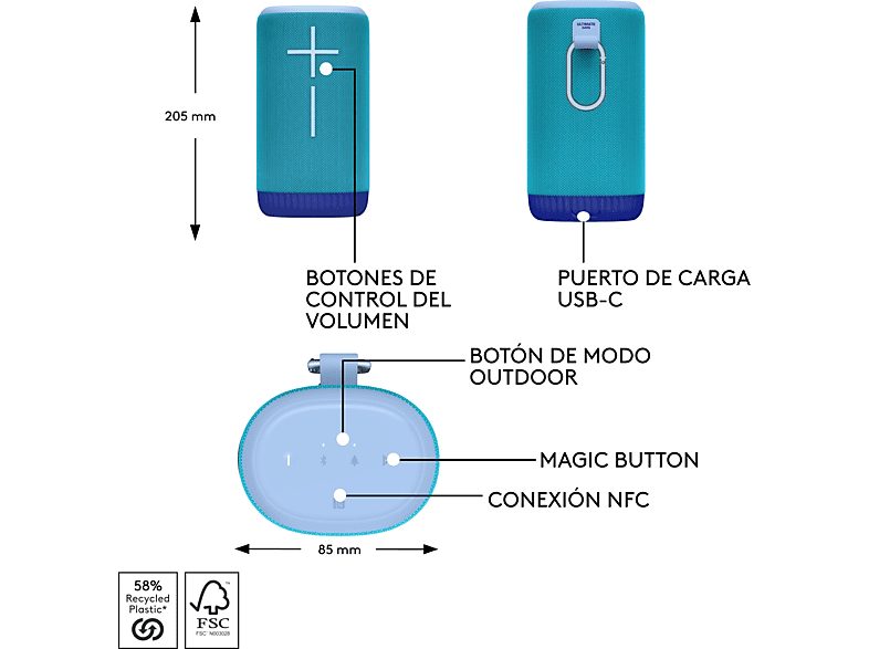 Altavoz inalámbrico - Ultimate Ears Everboom, Bluetooth, NFC, Sonido 360°, Ecualizador personalizable, 20h de batería, 84/85 dBC, Emparejable, Azul — foto 6