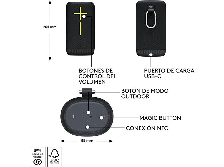 Altavoz inalámbrico - Ultimate Ears Everboom, Bluetooth, NFC, Sonido 360°, Ecualizador personalizable, 20h de batería, 84/85 dBC, Emparejable, Negro — foto 6