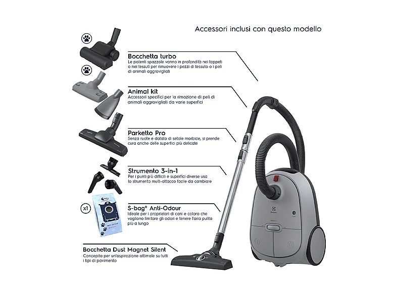 Aspirador con bolsa - ELECTROLUX EB61A5UG, 750 W, Depósito 3,5 l, Gris — foto 8
