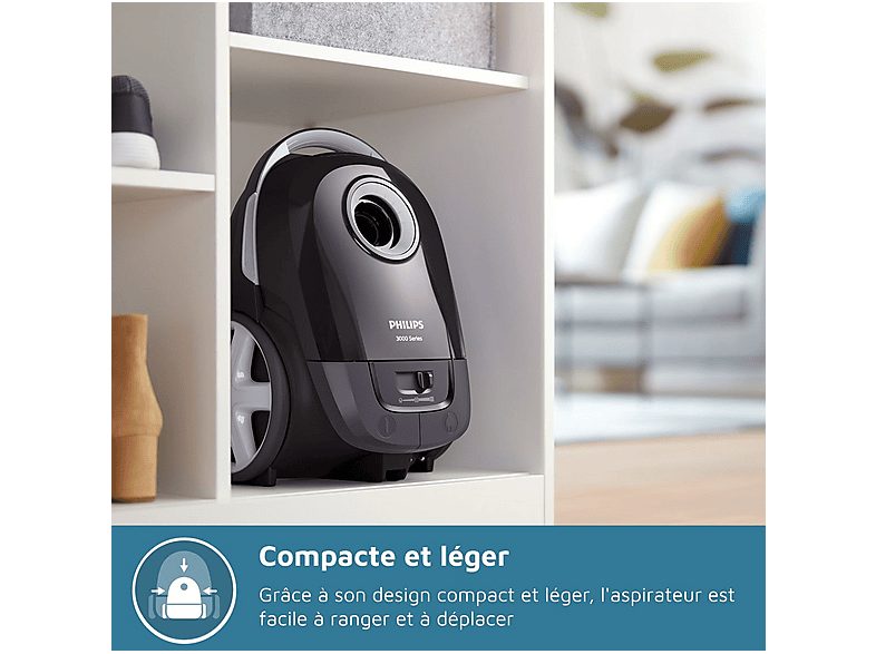 Aspirador con bolsa - PHILIPS XD3112/09, 900 W, Potencia de succión 900 W, Depósito 3 l, Negro — foto 3
