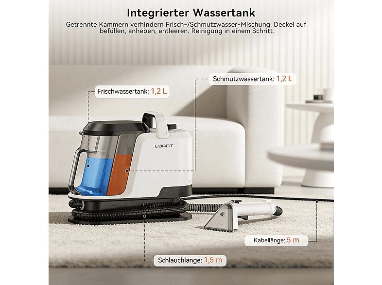 Aspirador de tapicerías - UWANT Y100 Steam, 1750 W, Potencia de succión 18 kPa, Depósito 1.2l, Blanco — foto 10