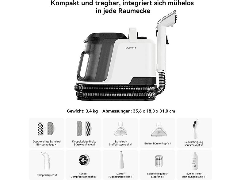 Aspirador de tapicerías - UWANT Y100 Steam, 1750 W, Potencia de succión 18 kPa, Depósito 1.2l, Blanco — foto 7