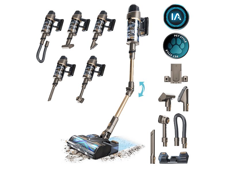 Aspirador escoba - Cecotec Conga Rockstar RX90 AI AquaPet Flex, 850W, 100min, IA, Tubo flexible, Kit de accesorios, Cepillo antienredos, Negro