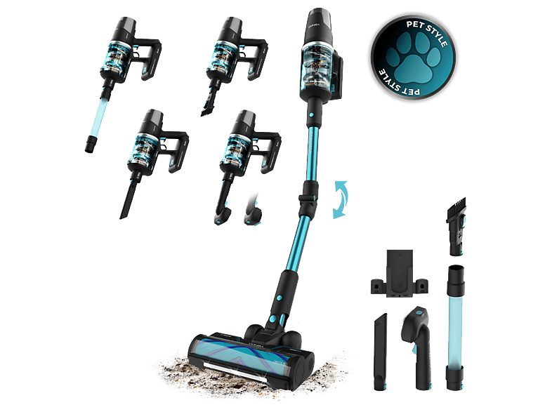 Aspirador escoba - Cecotec RX50 Pet Flex, 300 AW, 780 W, 90 min, Cepillo HairLess, Tubo flexible, Kit completo, Negro/Azul