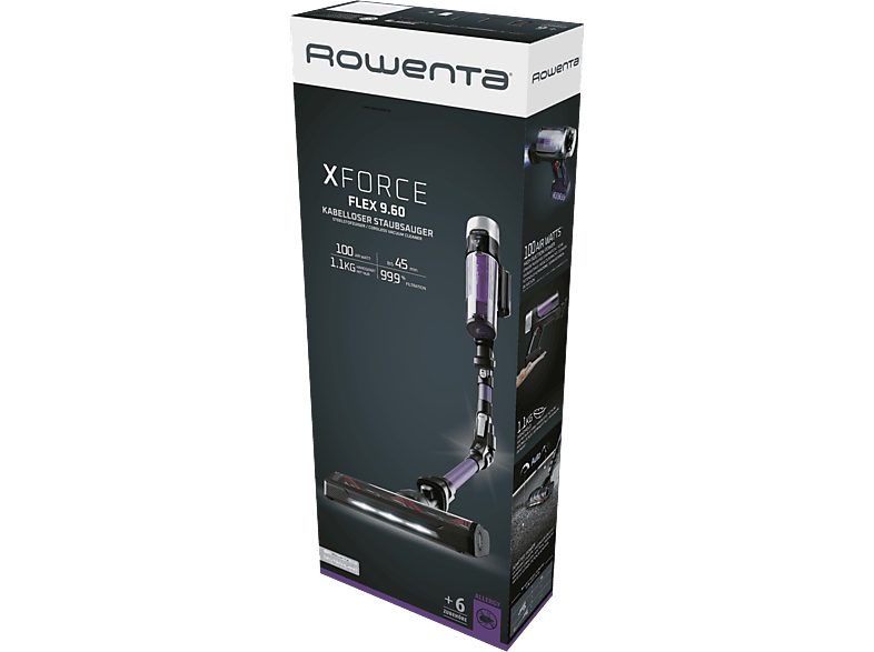 Aspirador escoba - Rowenta RH2039WO X-Force Flex 9.60 Allergy, 200 W, 0.4 L, 45 min, Tecnol. Ciclónica, 3 modos, Multisuperficie, Ultraligera, Púrpura — foto 8