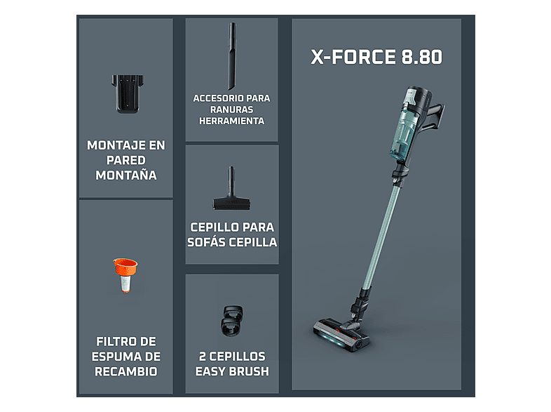 Aspirador escoba - Rowenta X-FORCE 8.80 RH1833, 250 W, 100 AW, 45 min Autonomía, 0.44 L, Ligera, 1.3 Kg, Limpieza 4 en 1, Verde, Gris — foto 10