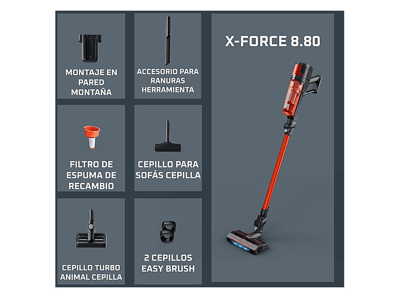 Aspirador escoba - Rowenta  X Force 8.80 RH1872E, 250 W, Potencia succión 100 AW, 1.3 kg, 60 min autonomía, 0.44 l, Ligera, Especial Mascotas, Rojo — foto 9