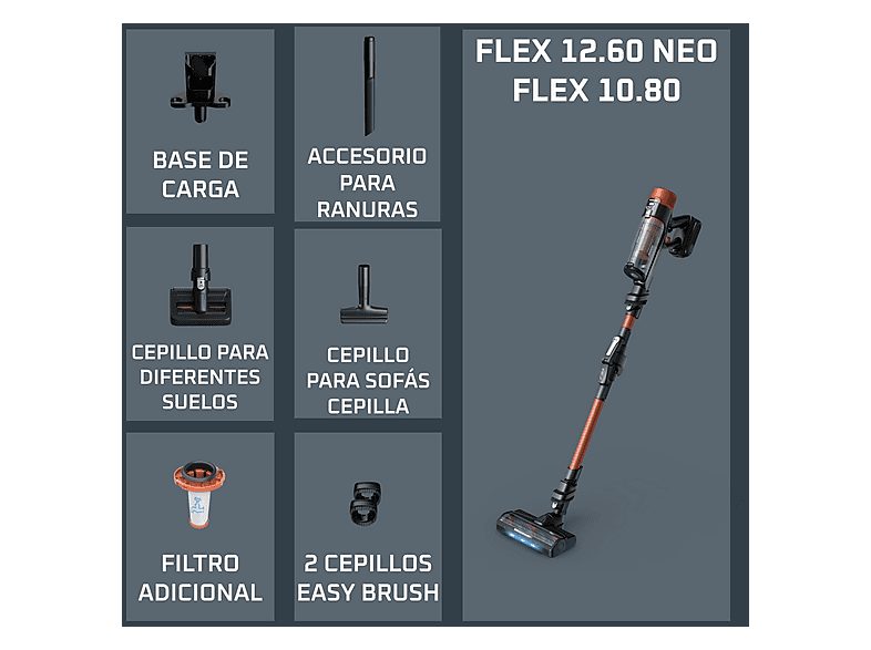 Aspirador escoba - Rowenta X Force Flex 10.80 RH7A73, Potencia succión 120 AW, 300 W, 60 min autonomía, Accesorios, Especial mascotas, Naranja — foto 9