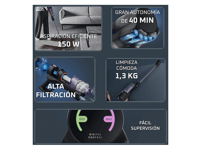 Aspirador escoba - Rowenta X Pert 5.80 RH5A32, Potencia succión 120 AW, 60 min, Cepillo multisuperficie, Pantalla digital, Alta filtración, Violeta — foto 7