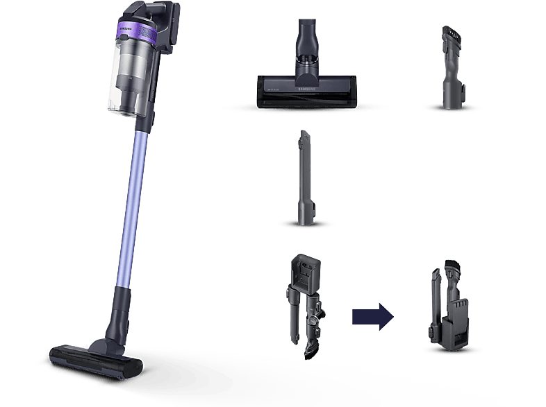 Aspirador escoba - SAMSUNG VS15A6031R4/ET, 410,00 W, Potencia de succión 150 AirWatt, Depósito 0,80 l, Autonomía mínima: 5 min media: 20 min máxima: 40 min, Negro