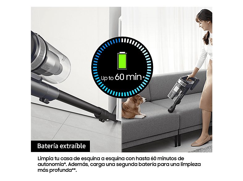 Aspirador escoba - Samsung VS15A60AGR5/WA Jet 65 Pet, 150 WA, Digital Inverter, 40 min, Sin cable, Silver — foto 5