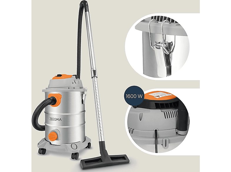 Aspirador seco y húmedo - ZEEGMA ZE-ZONDER PRO MULTI SILVER, 1600 W, Potencia de succión 22 kPa, Depósito 25 Litros, Plata — foto 3