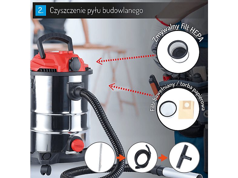 Aspirador sin bolsa - CAMRY CR7045, Aspirador Industrial Profesional con Toma de Corriente, Aspiradora Seco y Húmedo, Función So, 3400 W, Depósito 25 l, Rojo / Acero Inoxidable — foto 7