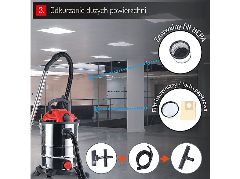 Aspirador sin bolsa - CAMRY CR7045, Aspirador Industrial Profesional con Toma de Corriente, Aspiradora Seco y Húmedo, Función So, 3400 W, Depósito 25 l, Rojo / Acero Inoxidable — foto 8