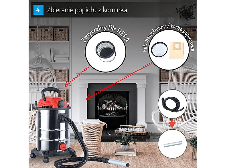 Aspirador sin bolsa - CAMRY CR7045, Aspirador Industrial Profesional con Toma de Corriente, Aspiradora Seco y Húmedo, Función So, 3400 W, Depósito 25 l, Rojo / Acero Inoxidable — foto 9