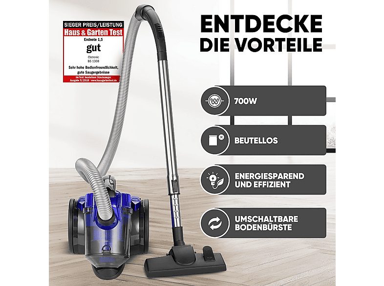 Aspirador sin bolsa - CLATRONIC BS 1308, 700 W, Depósito 2 l, Azul — foto 4