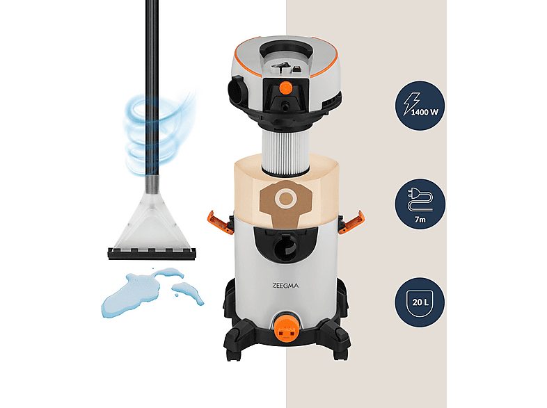 Aspirador sin bolsa seco y húmedo - ZEEGMA ZONDER WASH GREY, 1400 W, Potencia de succión 1400 W, Depósito 20 l, gris — foto 2