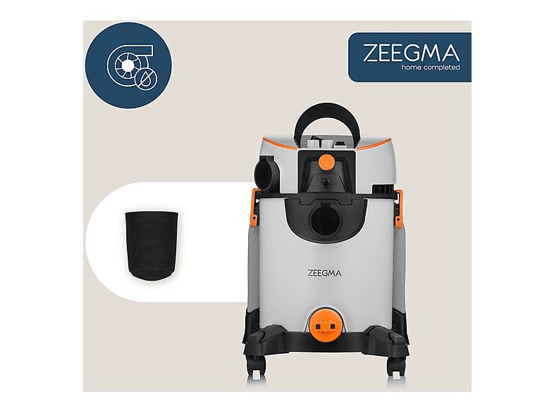Aspirador sin bolsa seco y húmedo - ZEEGMA ZONDER WASH GREY, 1400 W, Potencia de succión 1400 W, Depósito 20 l, gris — foto 5