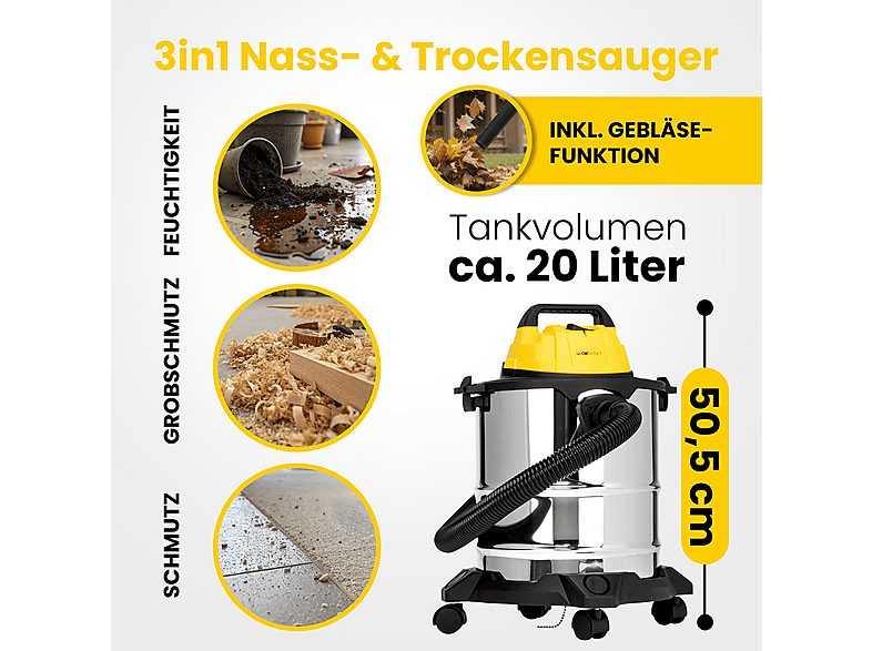 Aspiradora seco y húmedo - CLATRONIC 263978, 1200 W, Potencia de succión 1200 W, Depósito 20 l, Inox — foto 2