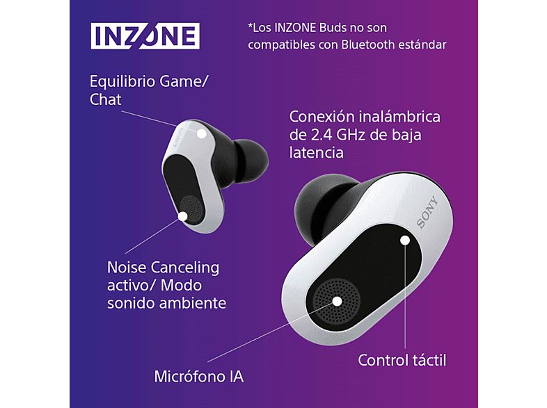 Auriculares gaming - Sony INZONE Buds, True Wireless, Noise Cancelling, Inalámbricos, Baja latencia, 24h, Micrófono IA, PC/PlayStation 5 (PS5), Blanco — foto 6