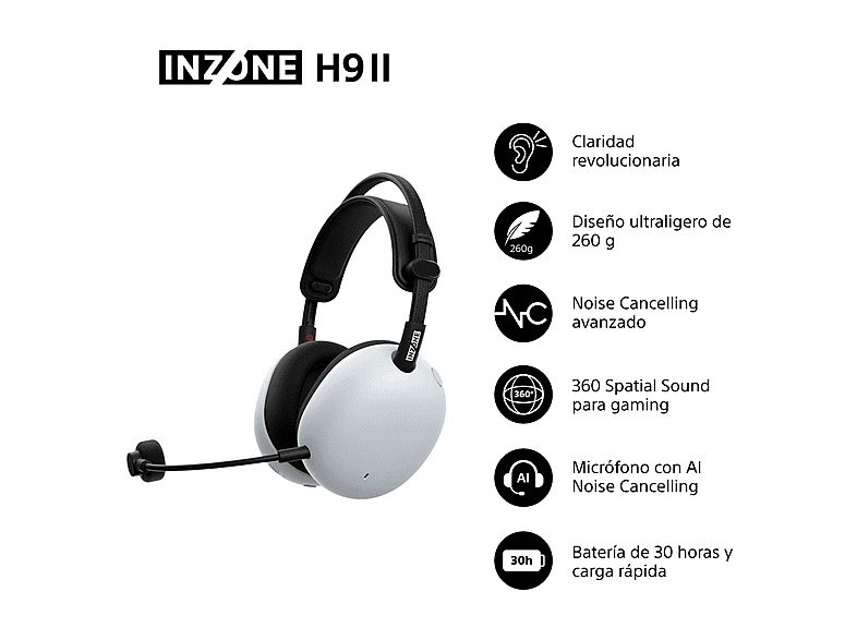 Auriculares gaming - Sony INZONE H9 II, Inalámbricos, Noise Cancelling, Fnatic, Micrófono, IA, 30h, Bluetooth/LE/2,4 GHz, Ligeros, PC, WHG910N, Blanco — foto 2