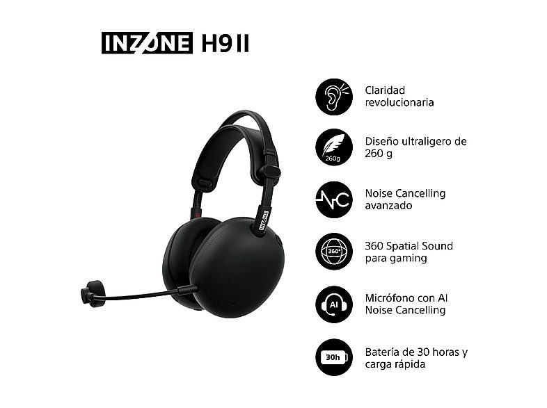 Auriculares gaming - Sony INZONE H9 II, Inalámbricos, Noise Cancelling, Fnatic, Micrófono, IA, 30h, Bluetooth/LE/2,4 GHz, Ligeros, PC, WHG910N, Negro — foto 2