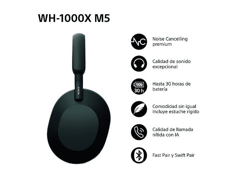 Auriculares inalámbricos - Sony WH-1000XM5B, Estuche rígido, Cancelación ruido, 30h, Hi-Res, Carga Rápida, Llamada Nítida, Bluetooth, Diadema, Negro — foto 4