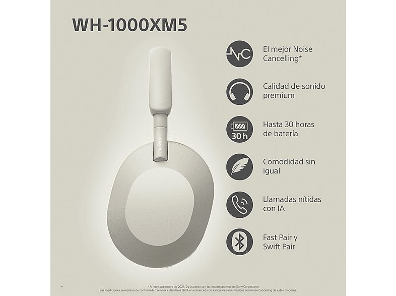 Auriculares inalámbricos - Sony WH-1000XM5S, Cancelación ruido (Noise Cancelling), 30h, Hi-Res, Carga Rápida, Con Asistente, Bluetooth, Diadema, Plata — foto 3