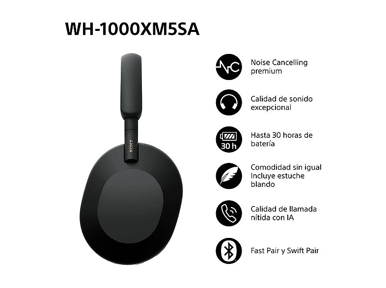 Auriculares inalámbricos - Sony WH-1000XM5SA, Estuche blando, Cancelación ruido , 30h, Hi-Res, Carga Rápida, Bluetooth, Diadema, iOS/Android, Negro — foto 3