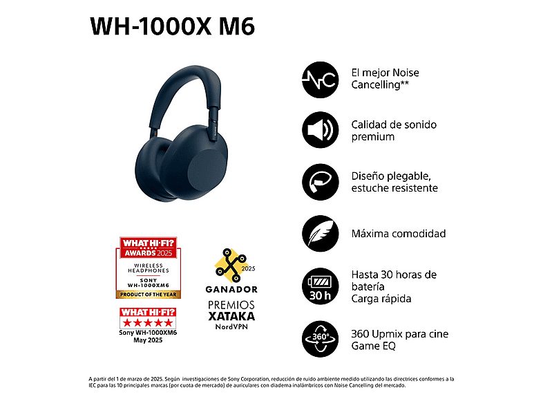 Auriculares inalámbricos - Sony WH-1000XM6, Cancelación ruido, 30h Autonomía, Hi-Res, Carga Rápida, Cómodo, Plegable, iOS/Android, Azul — foto 2
