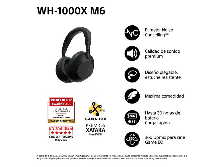 Auriculares inalámbricos - Sony WH-1000XM6, Cancelación ruido, 30h Autonomía, Hi-Res, Carga Rápida, Cómodo, Plegable, iOS/Android, Negro — foto 2