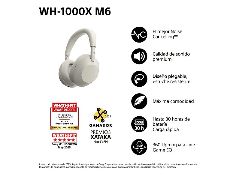 Auriculares inalámbricos - Sony WH-1000XM6, Cancelación ruido, 30h Autonomía, Hi-Res, Carga Rápida, Cómodo, Plegable, iOS/Android, Plata — foto 2