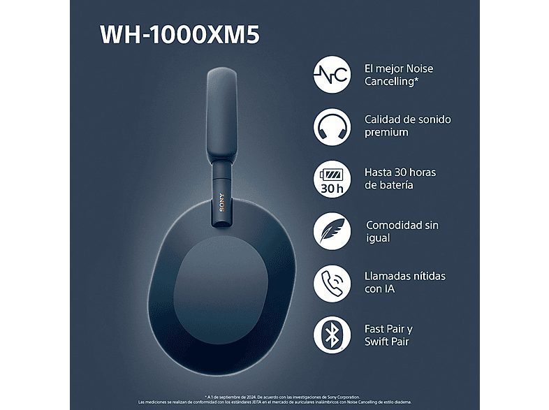 Auriculares inalámbricos - Sony WH1000XM5L, Cancelación ruido (Noise Cancelling), 30h, Hi-Res, Carga Rápida, Con Asistente, Bluetooth, Diadema, Azul — foto 3