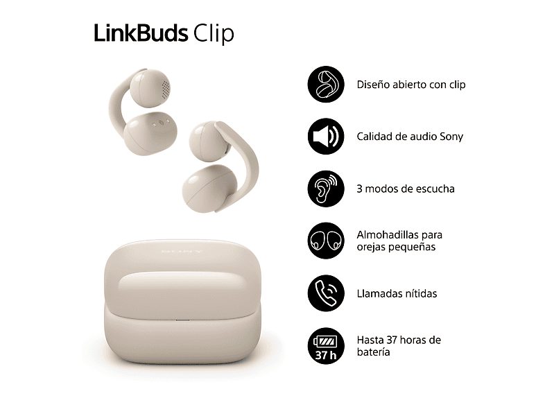 Auriculares True Wireless - Sony LinkBuds Clip, Estilo abierto, 3 modos de escucha, IPX4, Llamadas nítidas, 37 horas, IA, Táctil, iOS/Android, Beige — foto 2