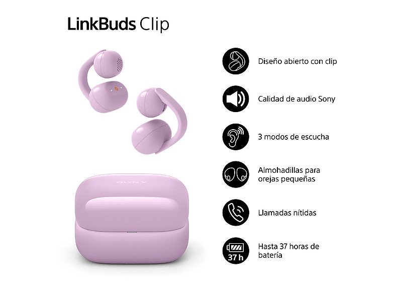 Auriculares True Wireless - Sony LinkBuds Clip, Estilo abierto, 3 modos de escucha, IPX4, Llamadas nítidas, 37 horas, IA, Táctil, iOS/Android, Lavanda — foto 2