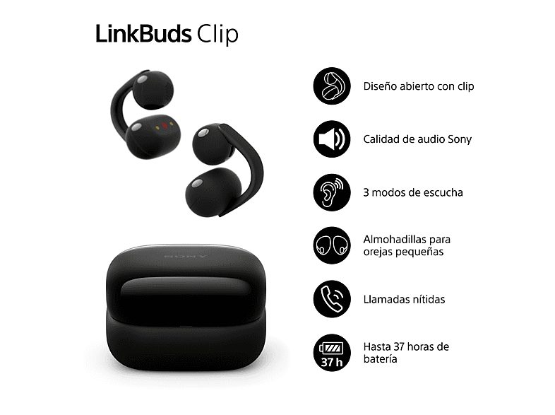 Auriculares True Wireless - Sony LinkBuds Clip, Estilo abierto, 3 modos de escucha, IPX4, Llamadas nítidas, 37 horas, IA, Táctil, iOS/Android, Negro — foto 2