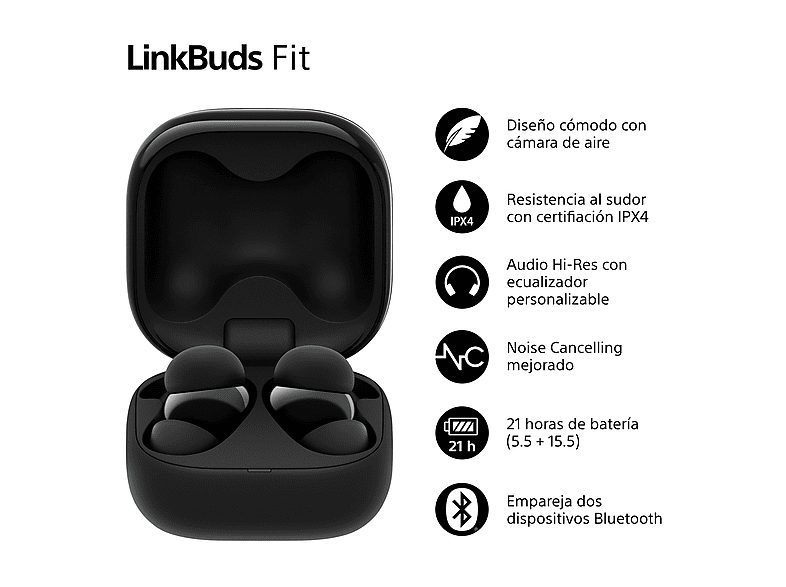 Auriculares True Wireless - Sony LinkBuds Fit, Cancelación de ruido (Noise Cancelling), Bluetooth, HiRes, 21 horas, iOS y Android, Google, IPX4, Negro — foto 4