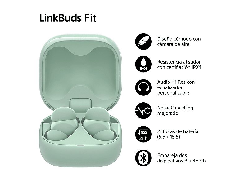 Auriculares True Wireless - Sony LinkBuds Fit, Cancelación de ruido (Noise Cancelling), Bluetooth, HiRes, 21 horas, iOS y Android, Google, IPX4, Verde — foto 4
